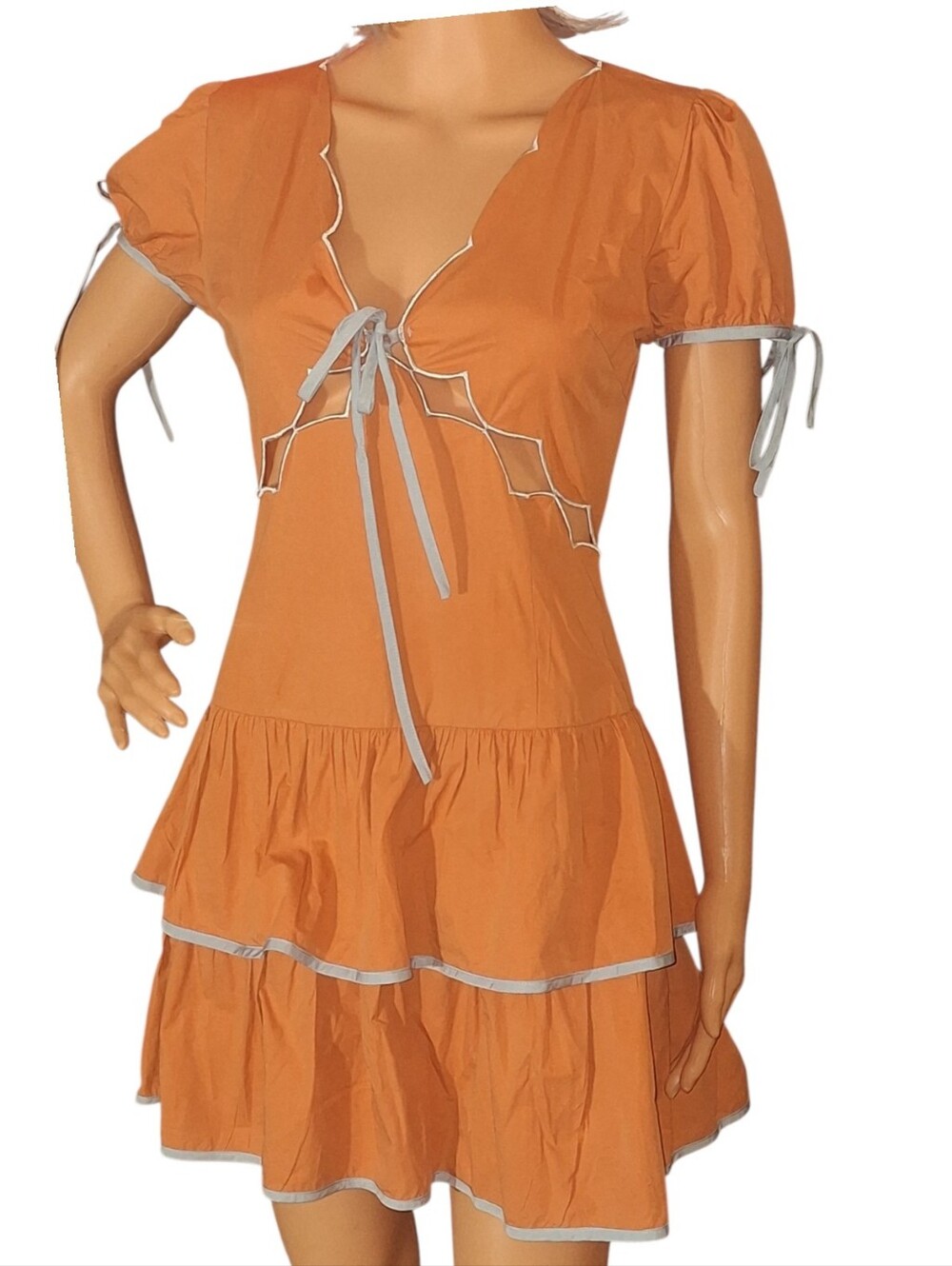 Blue Blush Bowie Scalloped Babydoll Dress Rust Mini bId2257 S Cottagecore Cowgir - Picture 3 of 9